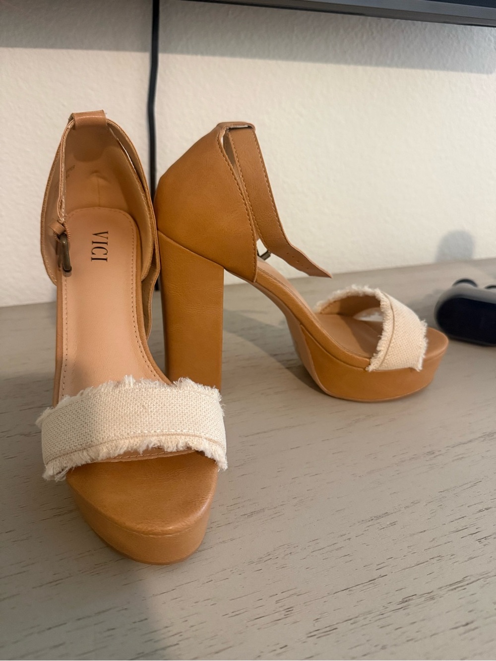 VICI Tan Platform Block Heel Sandals with Cream Frayed Strap